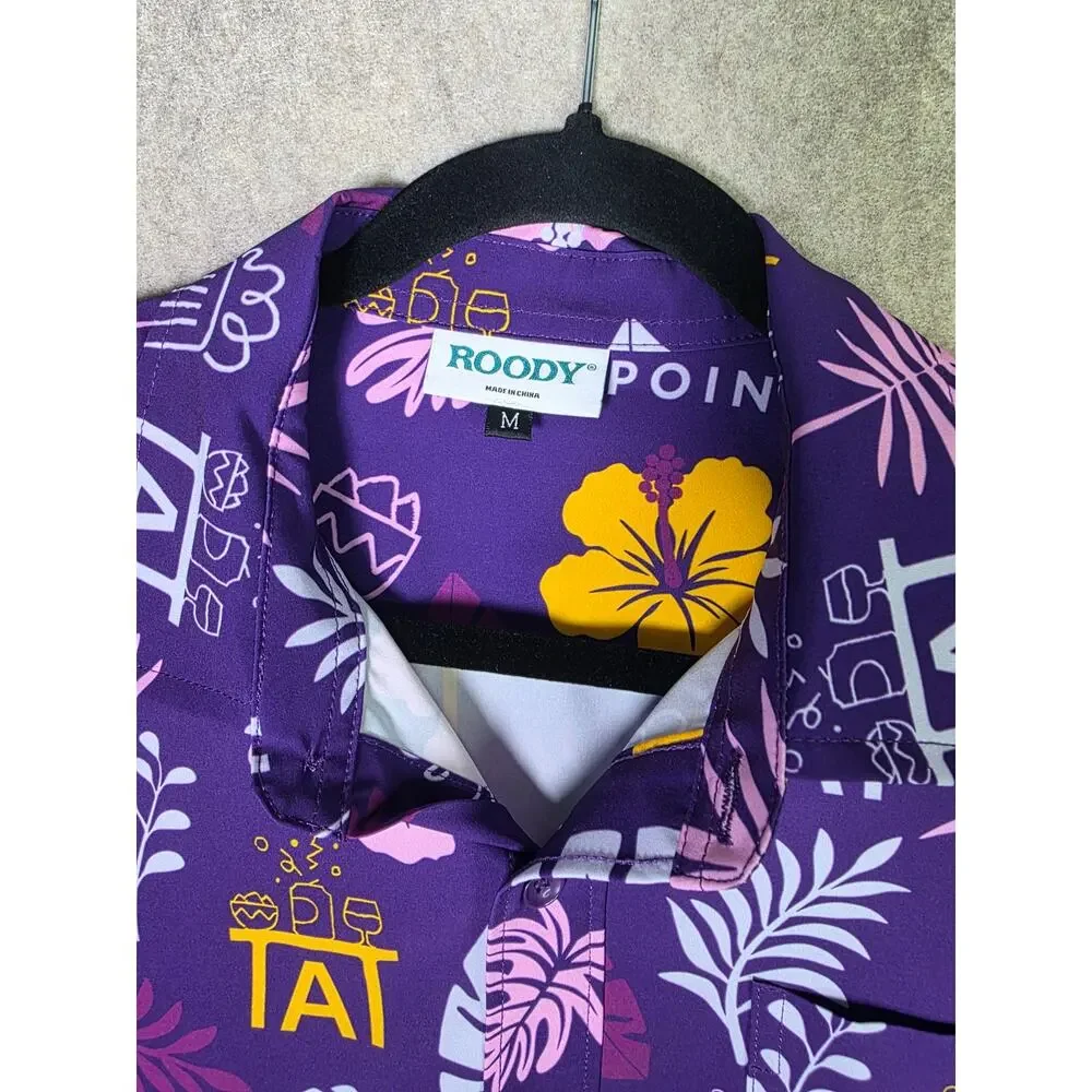 Roody Mens Point of Sale Tropical Hawaiian Button Down Shirt Purple Medium